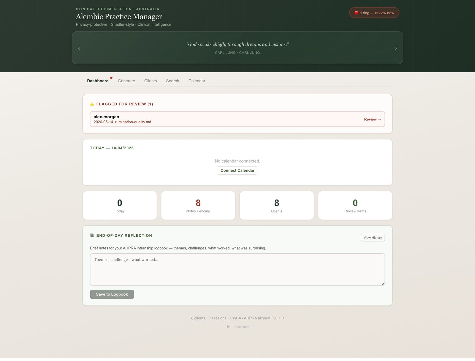 The Alembic dashboard: client widgets, calendar and practice overview on a warm cream interface